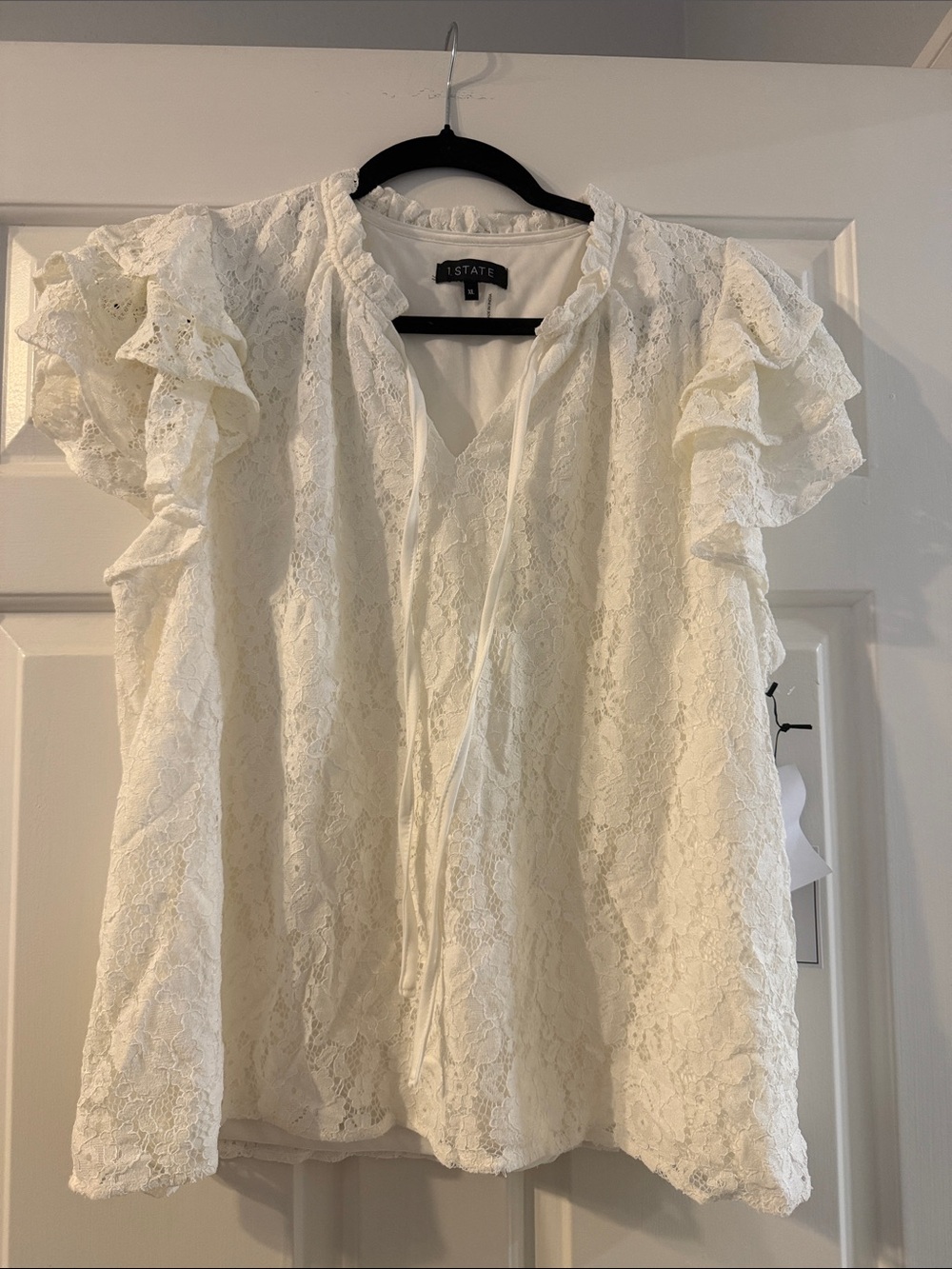 1. State Cream Lace Ruffle Sleeve Tie-Neck Blouse